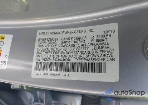 2018 Honda Accord Ex z USA, uszkodzony, nr VIN 1HGCV1F43JA249064